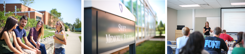 pictures of students on campus, swift building sign, and business students in class