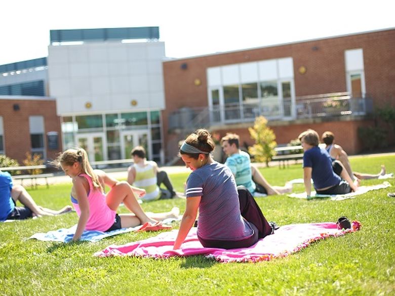 yoga class in courtyard