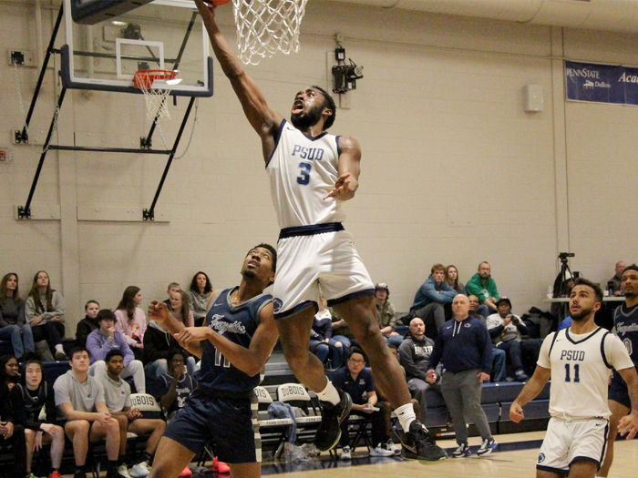 -	Penn State DuBois senior guard Jaiquil Johnson drives and goes up for a layup during a home game this season at the PAW Center, on the campus of Penn State DuBois.
