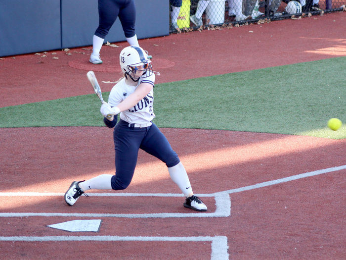 Penn State DuBois freshman Kamryn Mactavish begins her swing during a recent home game at Heindl Field in DuBois.