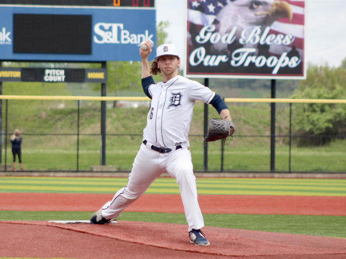 Penn State DuBois junior pitcher Connor Cherry delivers a pitch home during the PSUAC championship game at Showers Field in DuBois.