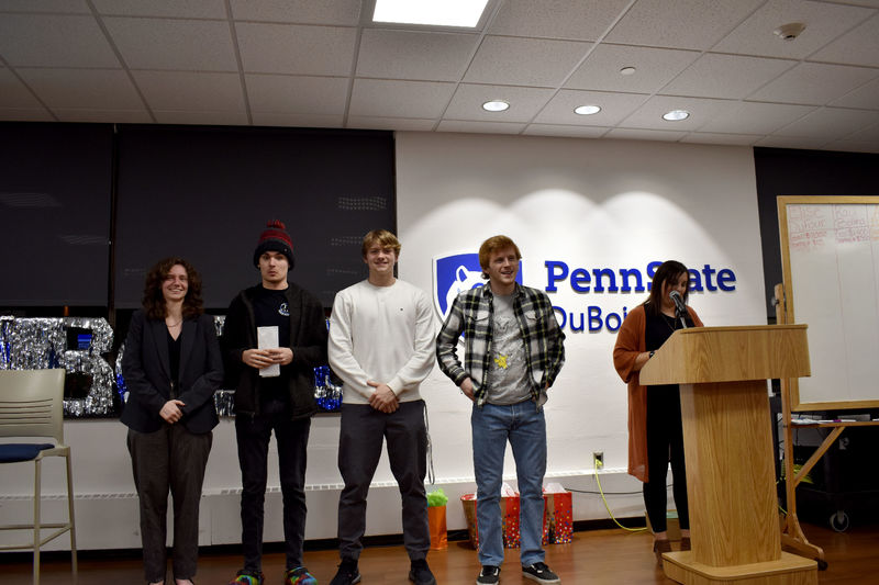 Penn State DuBois students that will represent the campus at THON. Left to right: Alicia Bryan, Gaven Wolfgang, Jalen Kosko and Eamon Jamieson being introduced at the THON hair auction 