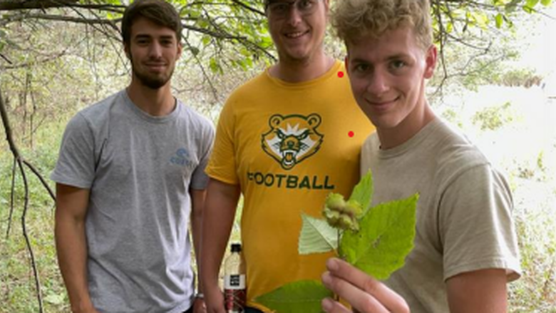 Three students showing a leaf in the woods