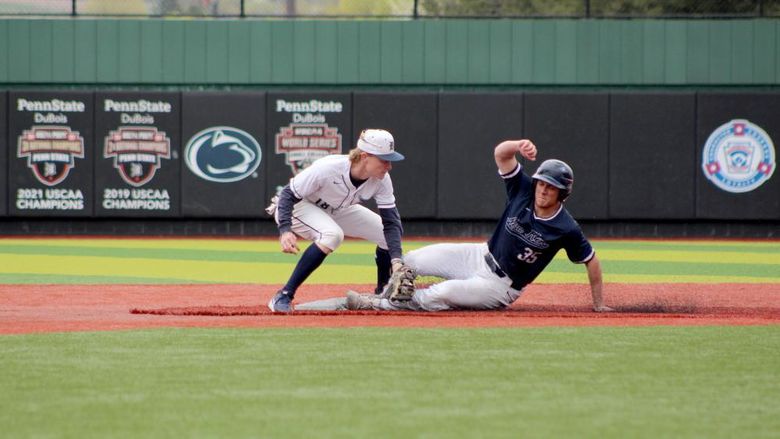 Penn State DuBois freshman Alex Gavlock applies a tag at second base to a New Kensington runner during a recent home game at Showers Field