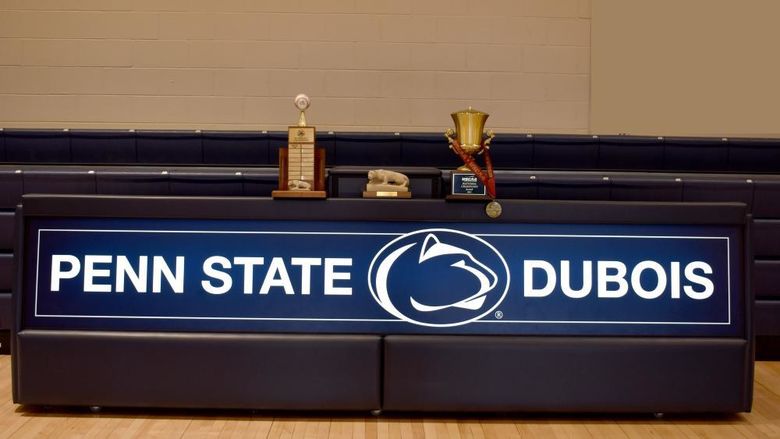 Several trophies on display in the PAW Center that the athletic teams at Penn State DuBois won during the athletic year