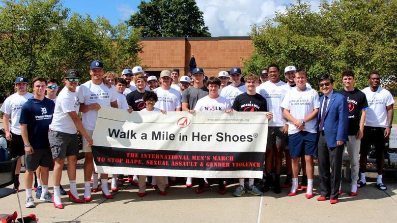 Participants from Penn State DuBois gathered for a group photo prior to “Walking a Mile in Her Shoes”.
