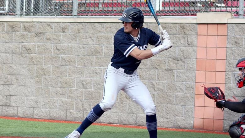 Penn State DuBois senior centerfielder Brett Beith watches a pitch come in and begins his stride during a recent game at Showers Field in DuBois.