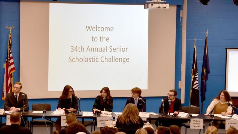 Students listen to one of the questions during a preliminary round in the 34th annual Senior Scholastic Challenge, held at Penn State DuBois.