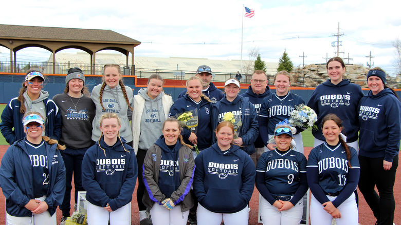 The softball team at Penn State DuBois gather for a team photo at Heindl Field in DuBois.