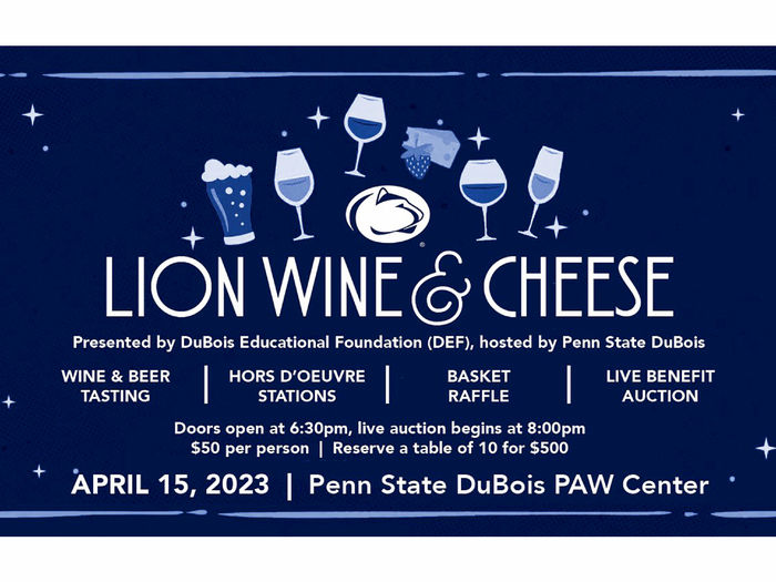 Graphic showing details for the Lion wine and cheese event on April 15 at the PAW Center on the campus of Penn State DuBois