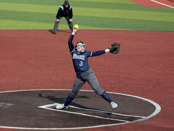 Penn State DuBois freshman Megan Hyde going through her wind up to deliver a pitch home during a recent home game at Heindl Field