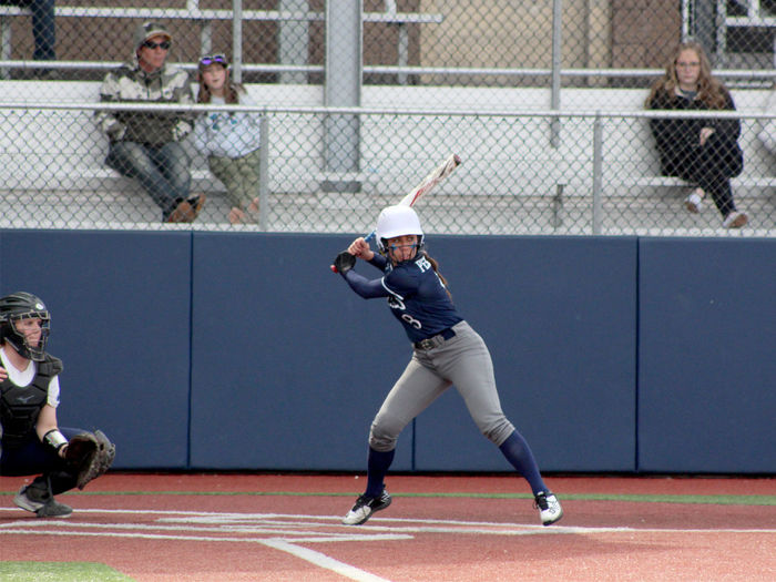Penn State DuBois freshman Caitlyn Watson strides forward to swing at a pitch during a recent home game at Heindl Field