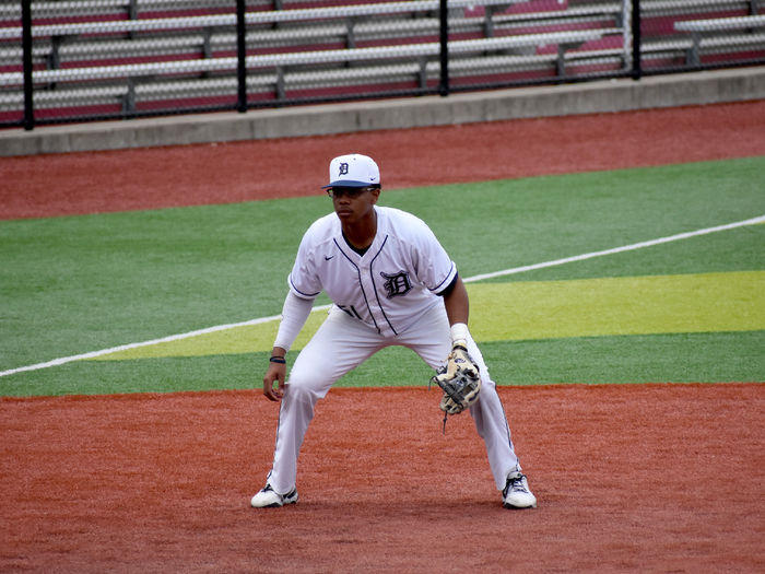 Jorge Rodriguez in his defensive stance awaiting the opportunity to field a batted ball during a recent baseball game at Showers Field