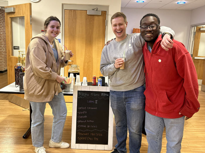 Penn State DuBois students (left to right) Lizzie Neal, Josh Lanzoni and Kane Witter showing off the flavors of lattes available, while enjoying some themselves