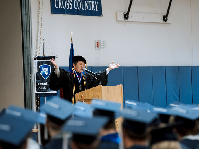 Jungwoo Ryoo, chancellor and chief academic officer at Penn State DuBois, welcomes everyone to the PAW Center for the commencement ceremony
