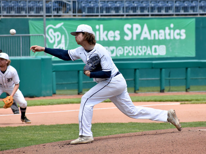 Penn State DuBois sophomore Connor Cherry delivers a pitch during the conference championship game held Monday at Medlar Field at Lubrano Park
