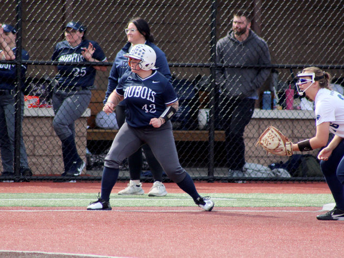 Penn State DuBois senior Paige Pleta takes her lead off third base, preparing to come home to score one of the eight runs that she scored in the 2023 season