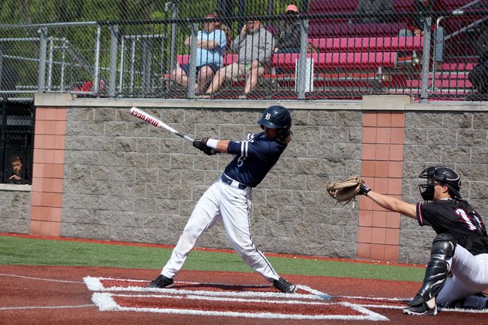 Penn State DuBois sophomore Colby Bodtorf connects with a pitch for a hit during the USCAA championship tournament game against the University of Cincinnati-Clermont