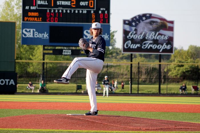 Penn State DuBois sophomore Connor Cherry starting his windup during the USCAA championship tournament game against D’Youville