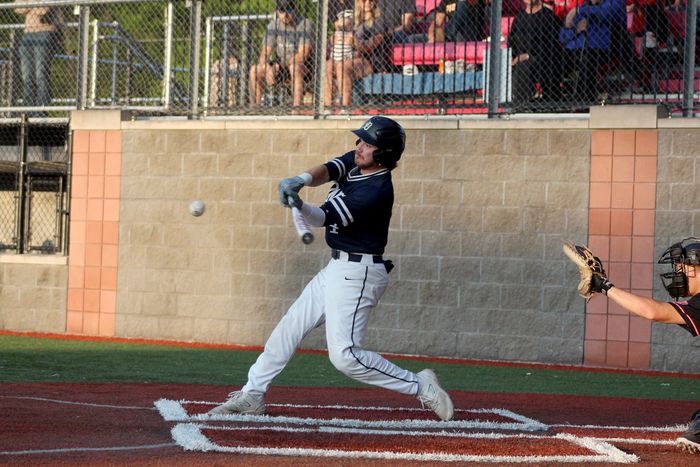 Penn State DuBois senior Brandon Sicheri drives the ball for one of his two hits during the national championship game against the University of Cincinnati-Clermont during the USCAA championship tournament