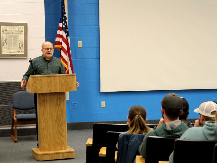 Penn State alumnus Gary Alt speaks to students in Hiller Auditorium, on the campus of Penn State DuBois.