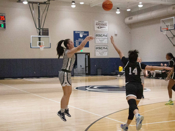 Penn State DuBois women’s basketball player Shannon Shaw gets her shot away during a game at the PAW Center.