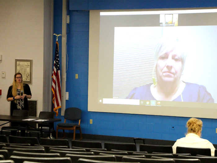 Penn State DuBois student Cierra Hoffman, left, is joined virtually by Robin McMillen from Passages, Inc. during Hoffman’s victimology presentation.