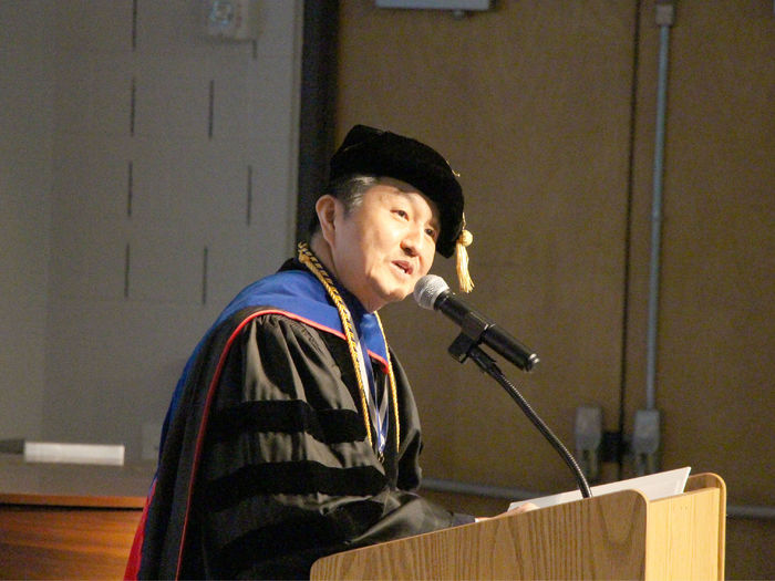 Jungwoo Ryoo, chancellor and chief academic officer, gives his opening remarks during the commencement celebration at Penn State DuBois.