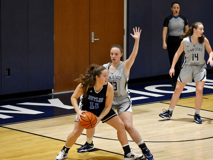Penn State DuBois sophomore forward Tara Leamer holds her strong guarding position on an opponent during a recent game at the PAW Center