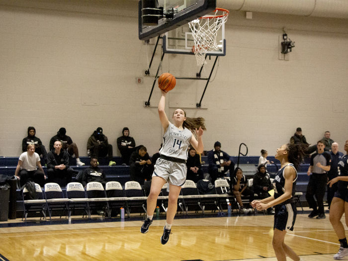 Penn State DuBois freshman Sarah Huston takes off from the floor for a layup during a recent contest at the PAW Center