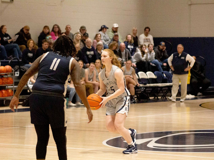 Penn State DuBois freshman guard Frances Milliron prepares to throw a pass just beyond the center court logo during a recent contest at the PAW Center