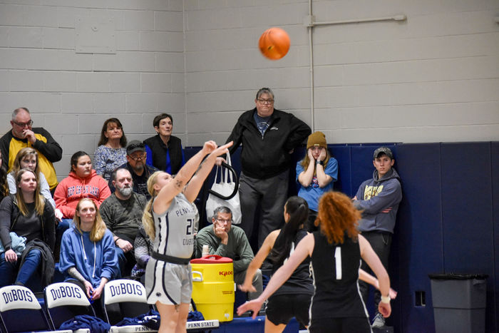 Penn State DuBois senior guard Paige Pleta gets her shot away as two Greater Allegheny defenders look on during the recent game at the PAW Center
