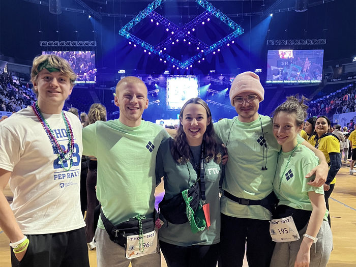 The four THON dancers from Penn State DuBois on the dance floor at the Bryce Jordan Center with this year’s THON committee chair Hannah Allen. From left to right: Jalen Kosko, Eamon Jamieson, Hannah Allen, Gaven Wolfgang and Alicia Bryan