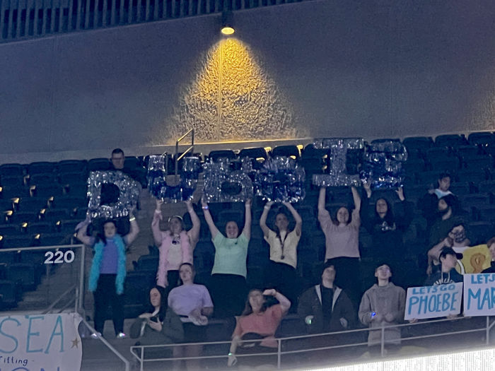 Members of the Penn State DuBois community show support for their dancers with a “DuBois” sign during THON at the Bryce Jordan Center
