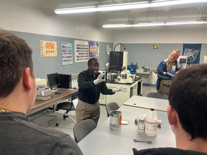 Dr. Daudi Waryoba, associate professor, and coordinator of the applied materials engineering program at Penn State DuBois, gives a demonstration in one of the engineering lab rooms