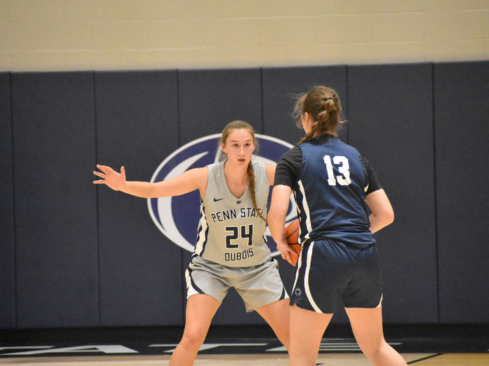 -	Penn State DuBois freshman forward Rebecca Martin extends her hands in her defensive position during a recent basketball game at the PAW Center, on the campus of Penn State DuBois.