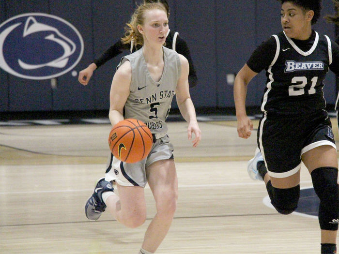 Penn State DuBois sophomore guard Frances Milliron pushes the bull up the floor with her dribble during a recent game played at the PAW Center.