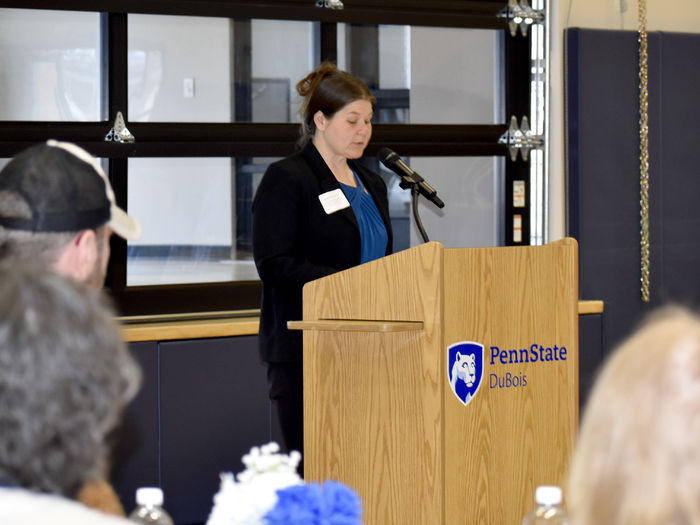 Penn State DuBois student Andrea Lecuyer speaks during the scholarship luncheon at the PAW Center.