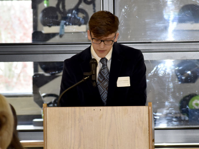 -	Penn State DuBois student Hunter Raffeinner speaks during the scholarship luncheon at the PAW Center.