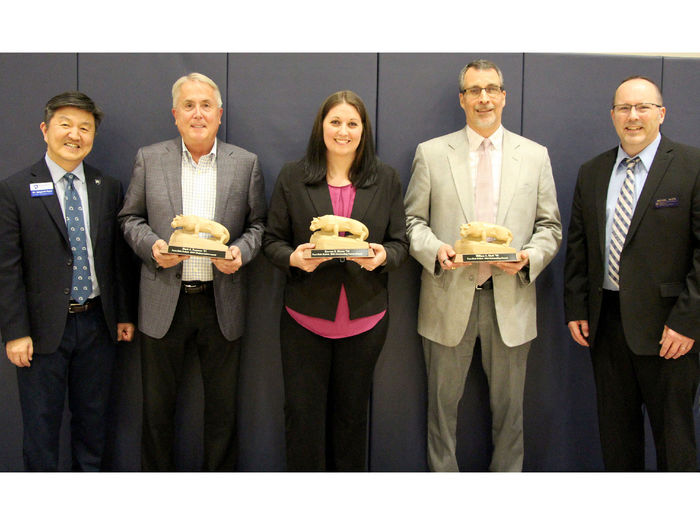 -	Penn State DuBois Alumni Society award winners with campus represenatives; from left to right, Jungwoo Ryoo, Mark Freemer, Kevryn Dixon, William Clark and Michael White.
