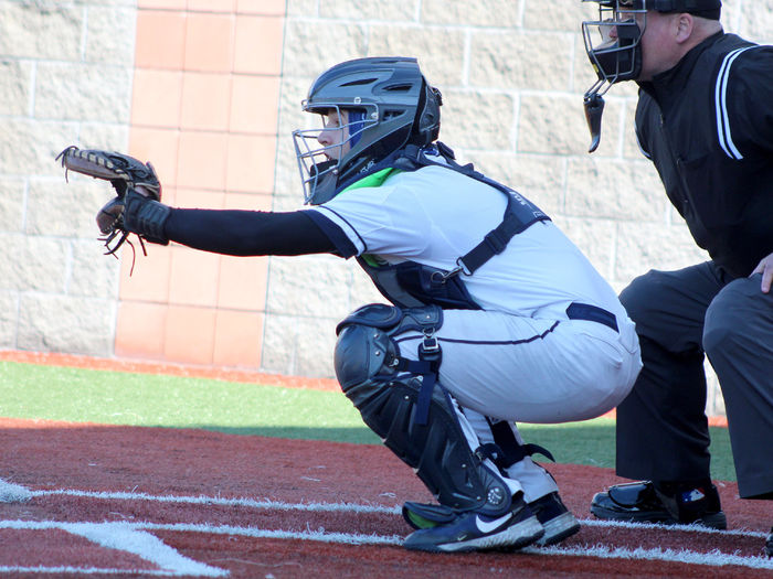 Penn State DuBois sophomore catcher Grant Lillard prepares to catch a pitch delivered home during a recent home game at Showers Field in DuBois.