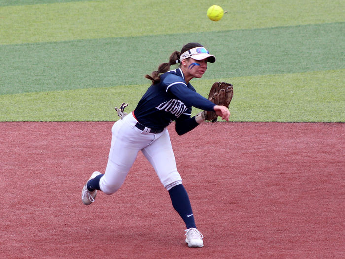 Penn State DuBois sophomore Caitlyn Watson fires a ball across the diamond from her shortstop position during a recent home game at Heindl Field in DuBois.