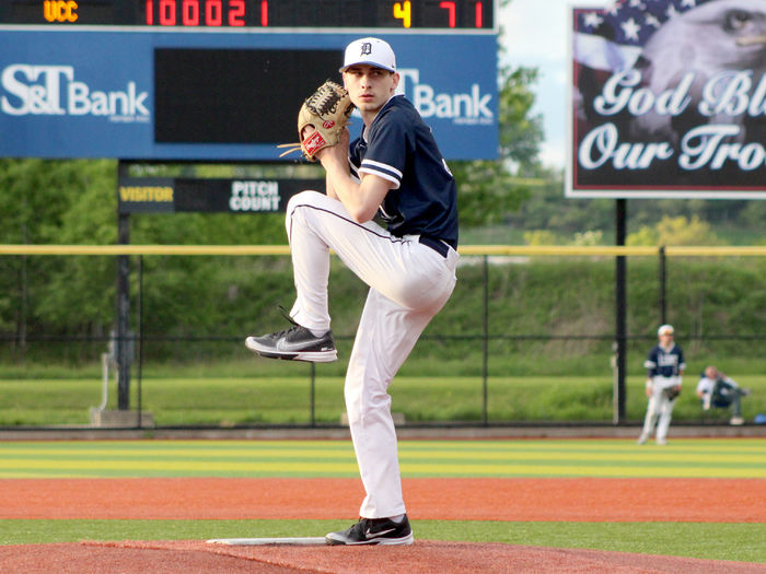 Penn State DuBois senior pitcher Taylor Boland works through his delivery motion during a game at Showers Field in the USCAA Small College World Series.