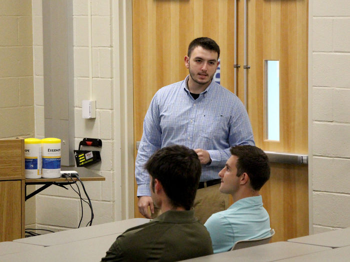 Penn State DuBois student Ethan Kness answers a question at the conclusion of his internship experience presentation.