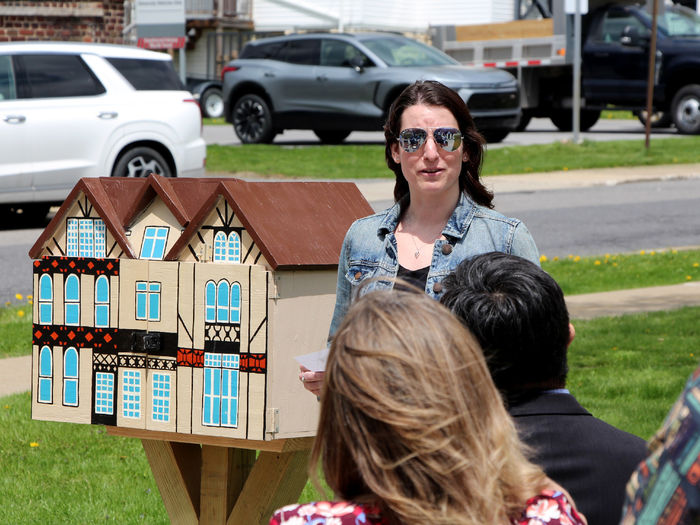 Jessica Clontz, assistant teaching professor of human development and family studies, shares her personal memories of Tony Vallone during the Little Free Library dedication at Penn State DuBois on April 29.