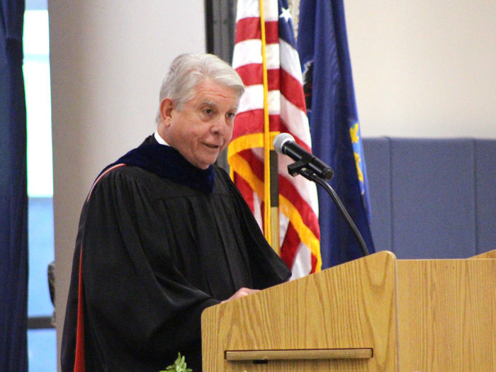Commencement speaker Daniel Kohlhepp shares insight and offers new graduates professional and personal advice as part of his speech during the spring commencement ceremony at Penn State DuBois.