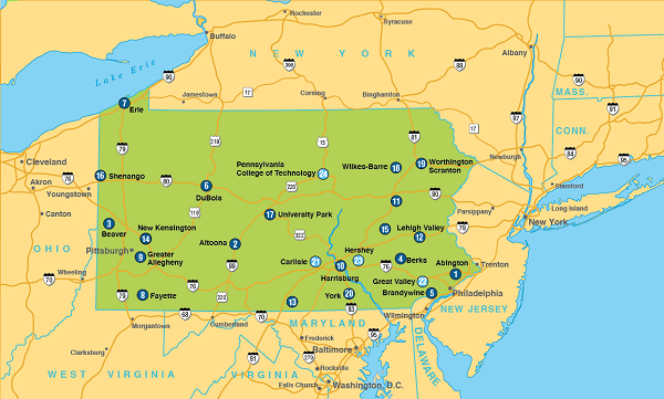 Map of Pennsylvania, including Penn State Campuses and major roads.