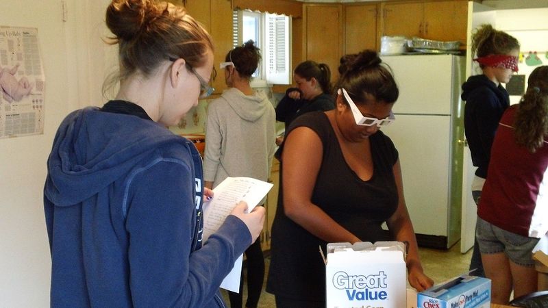 Students in OT 107 complete a low vision simulation activity.  This requires them to prepare a snack while experiencing low vision diagnoses.  This lab is completed in the OT House kitchen.