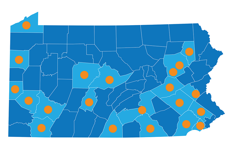 A map of the innovation hub locations across Pennsylvania