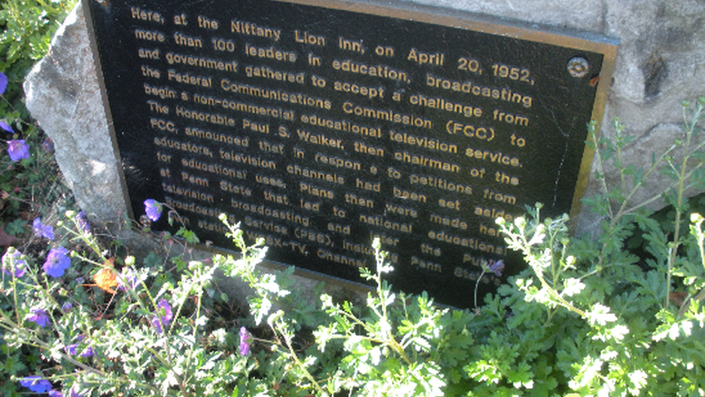 Plaque commemorating birth of educational television outside the Outreach Building
